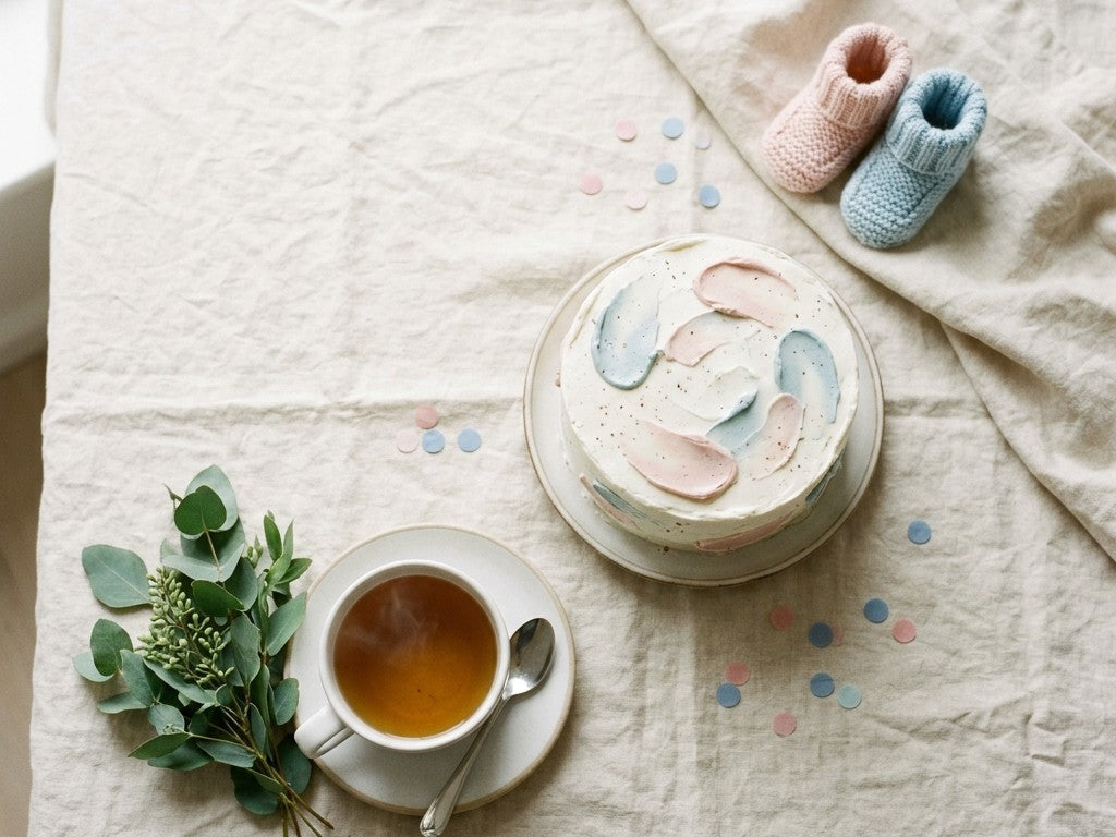 Gender reveal cake with pink and blue icing, cup of tea and pink and blue baby booties on a linen tablecloth