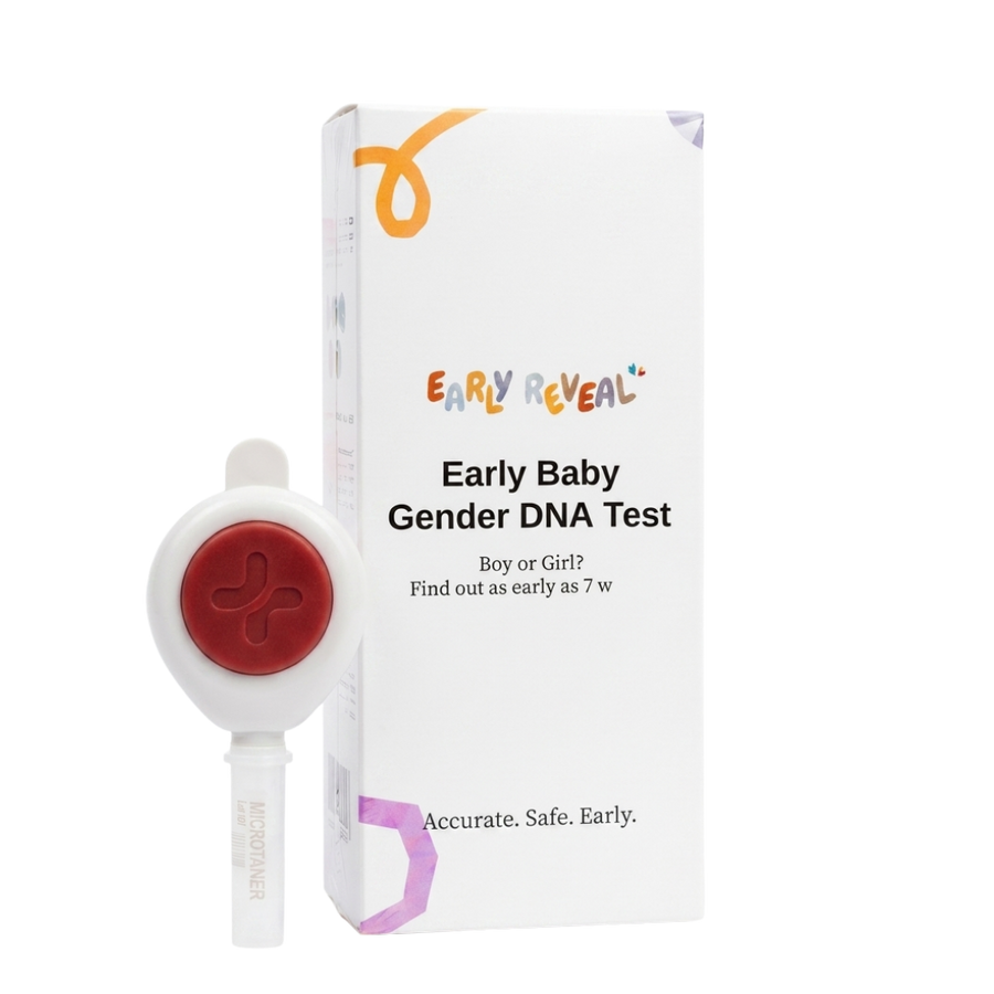 EarlyReveal Tap at-home early gender DNA test kit box with the push-button collection device