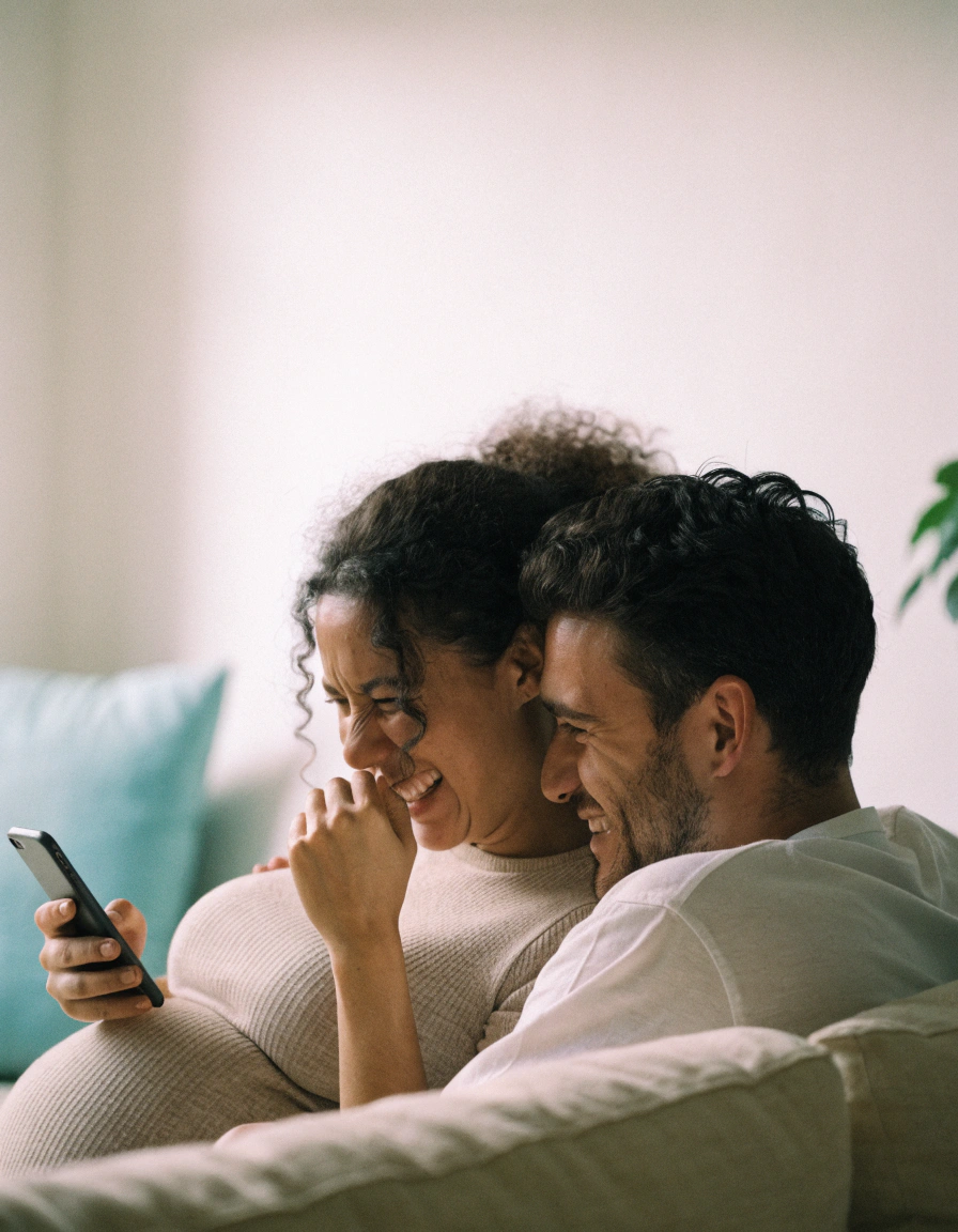 Expecting couple reacting to their result at home